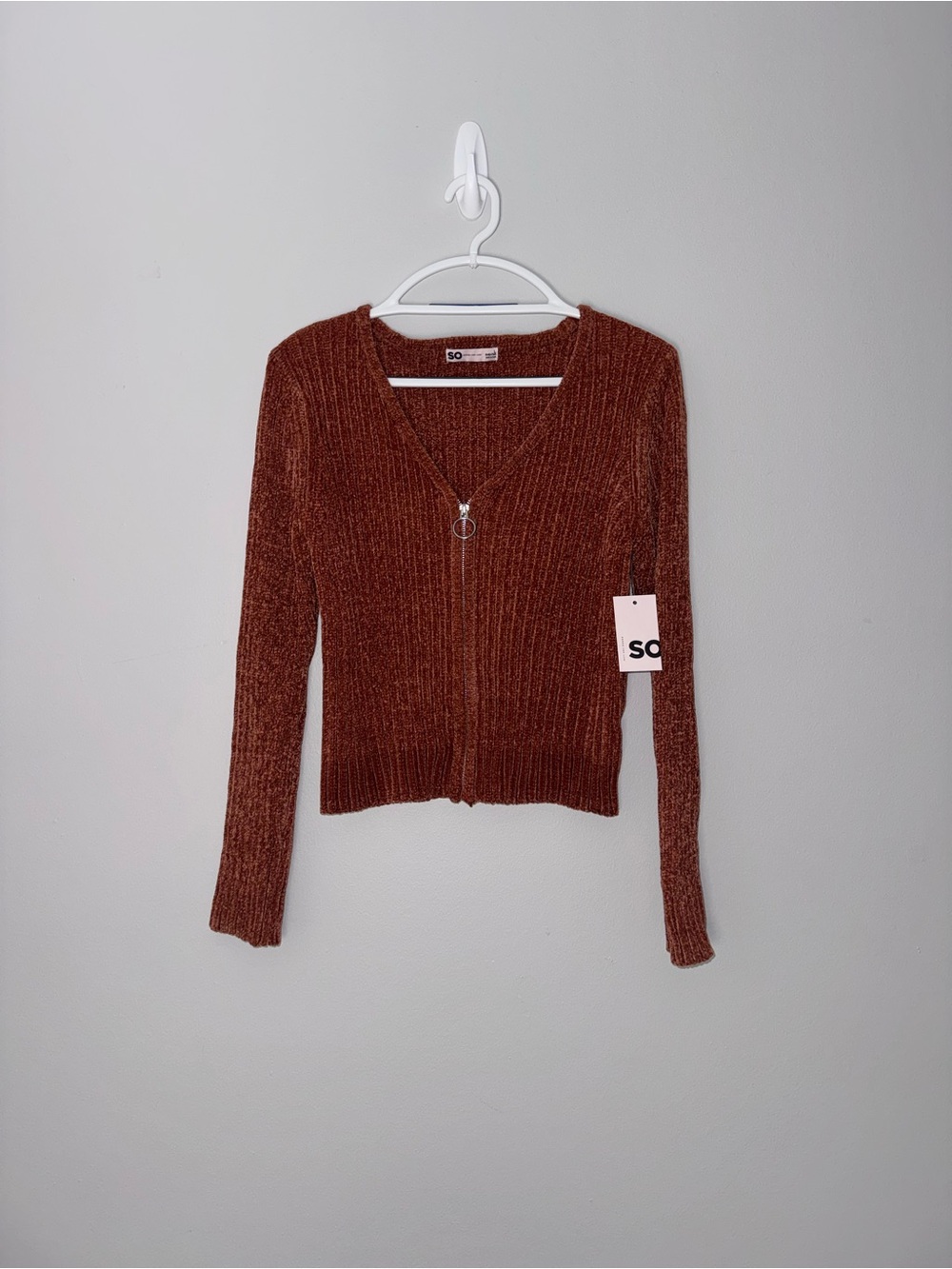 SO V-Neck Ribbed Zip Cardigan - Rust Brown
